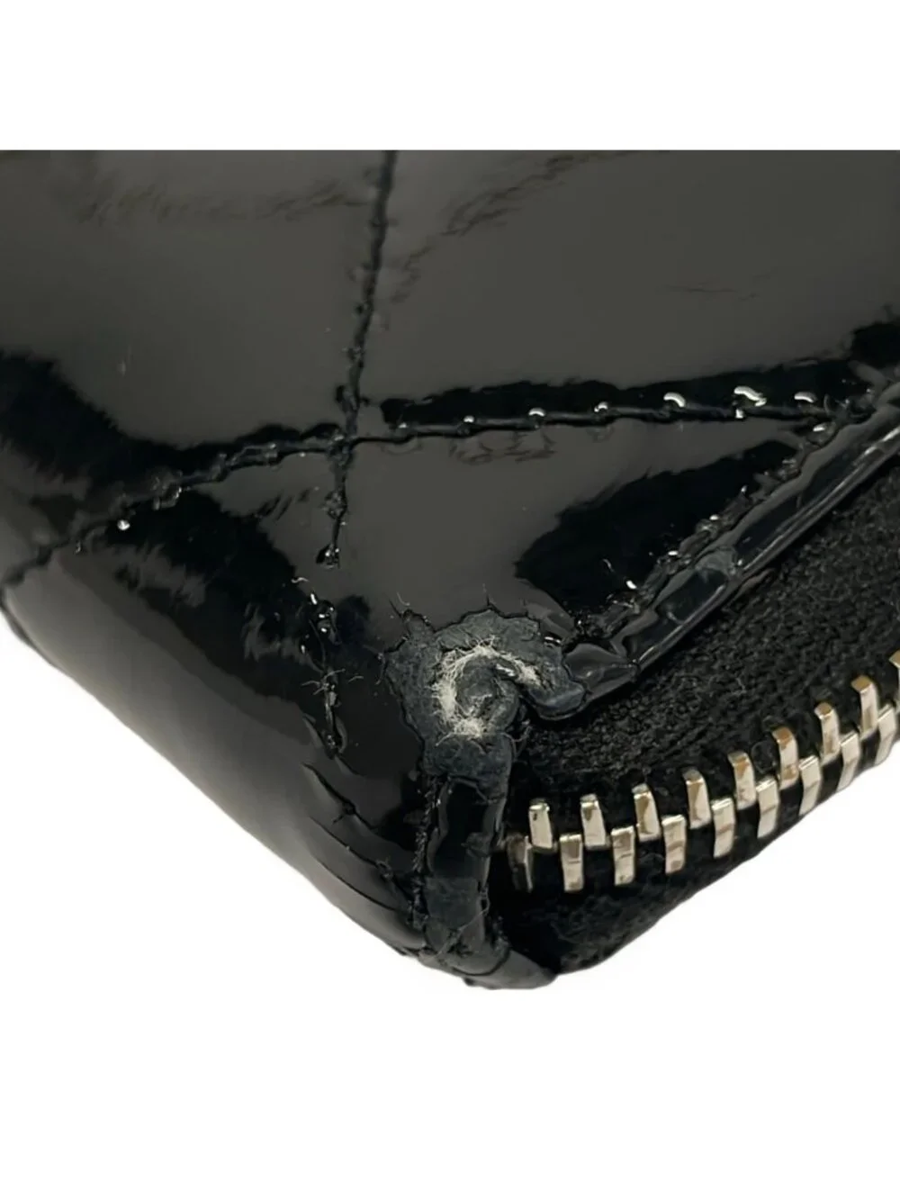 Chanel Wallet Quilted Black Silver Zip Around Leather